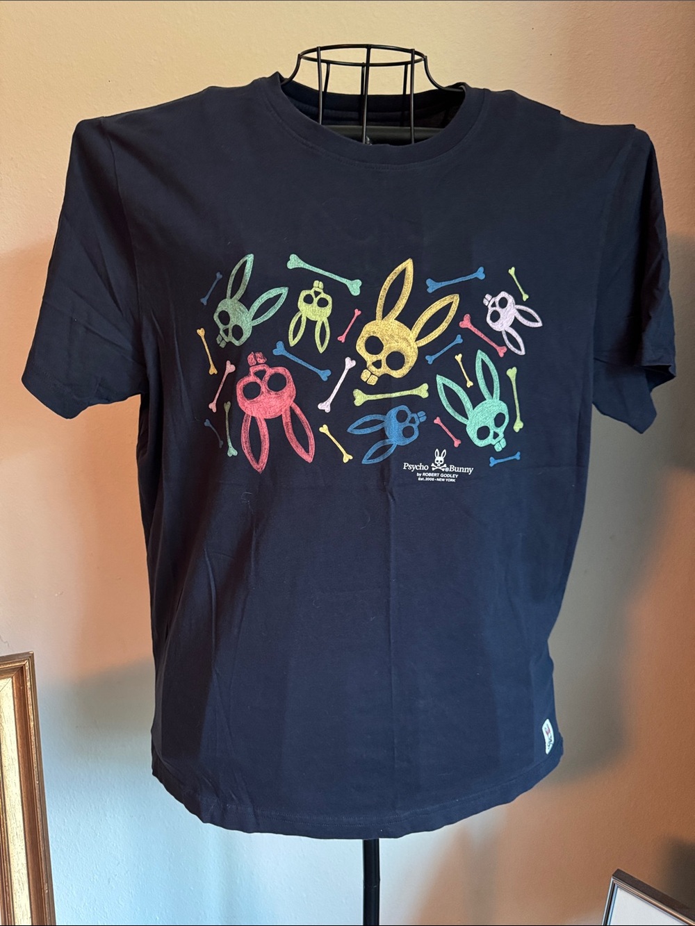 Psycho Bunny Navy Tee with Multicolor Bunny Skull Graphics